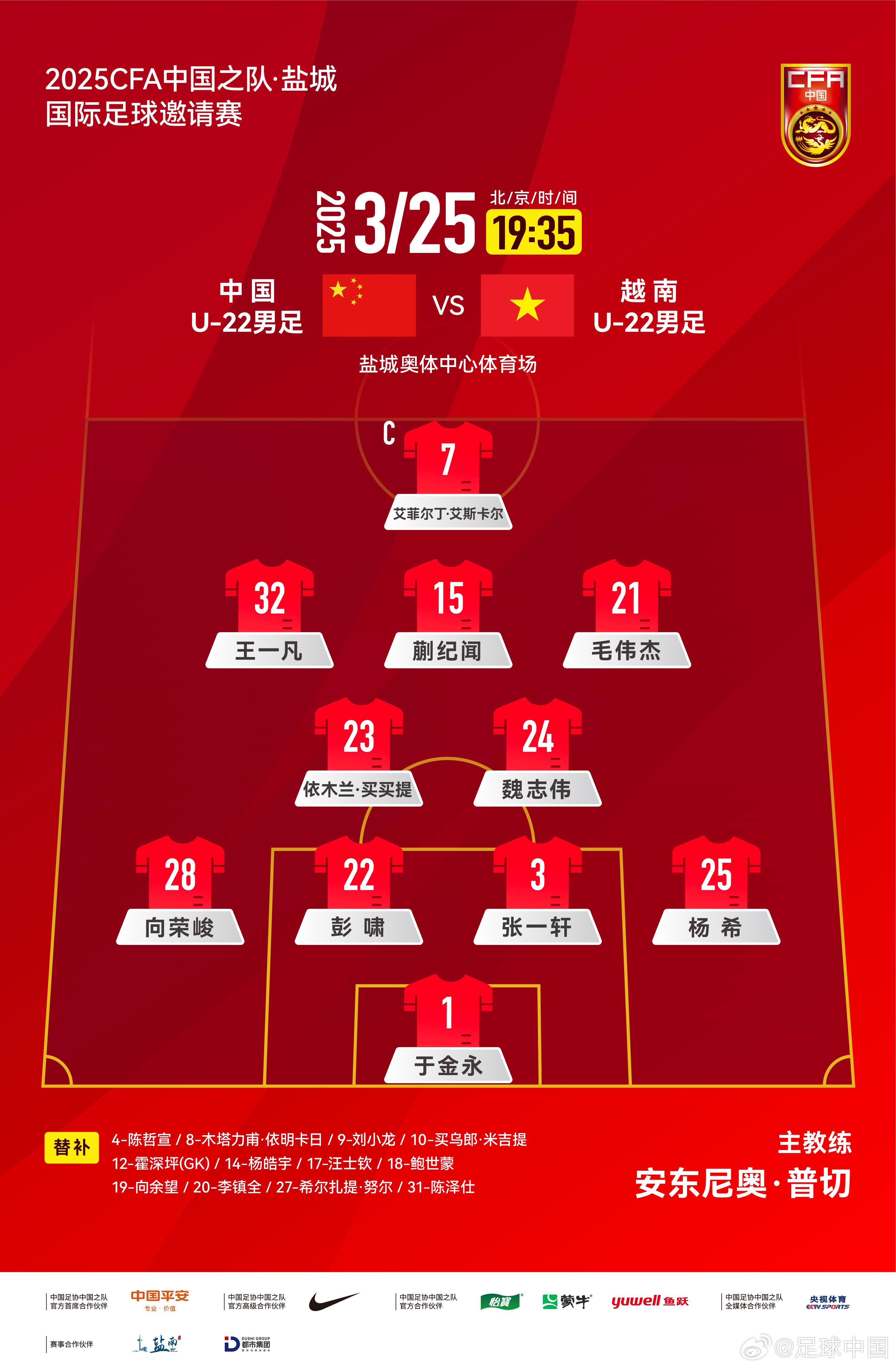 鹽城國(guó)際足球邀請(qǐng)賽中國(guó)U-22男足vs越南U-22男足，中國(guó)隊(duì)首發(fā)陣容